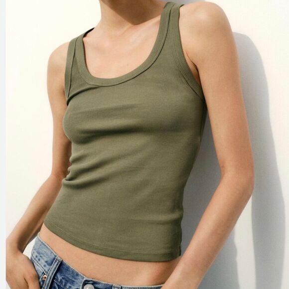 Zara Ribbed Vest Top Khaki Large - Picture 1 of 8